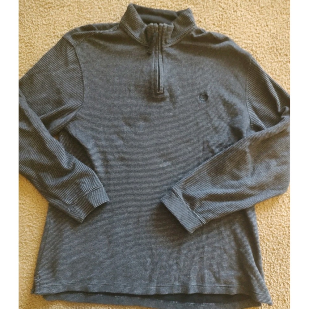 Chaps Gray Stripe Sweater Mens Size M 1/4 Zip Pullover Mock Neck 100% Cotton